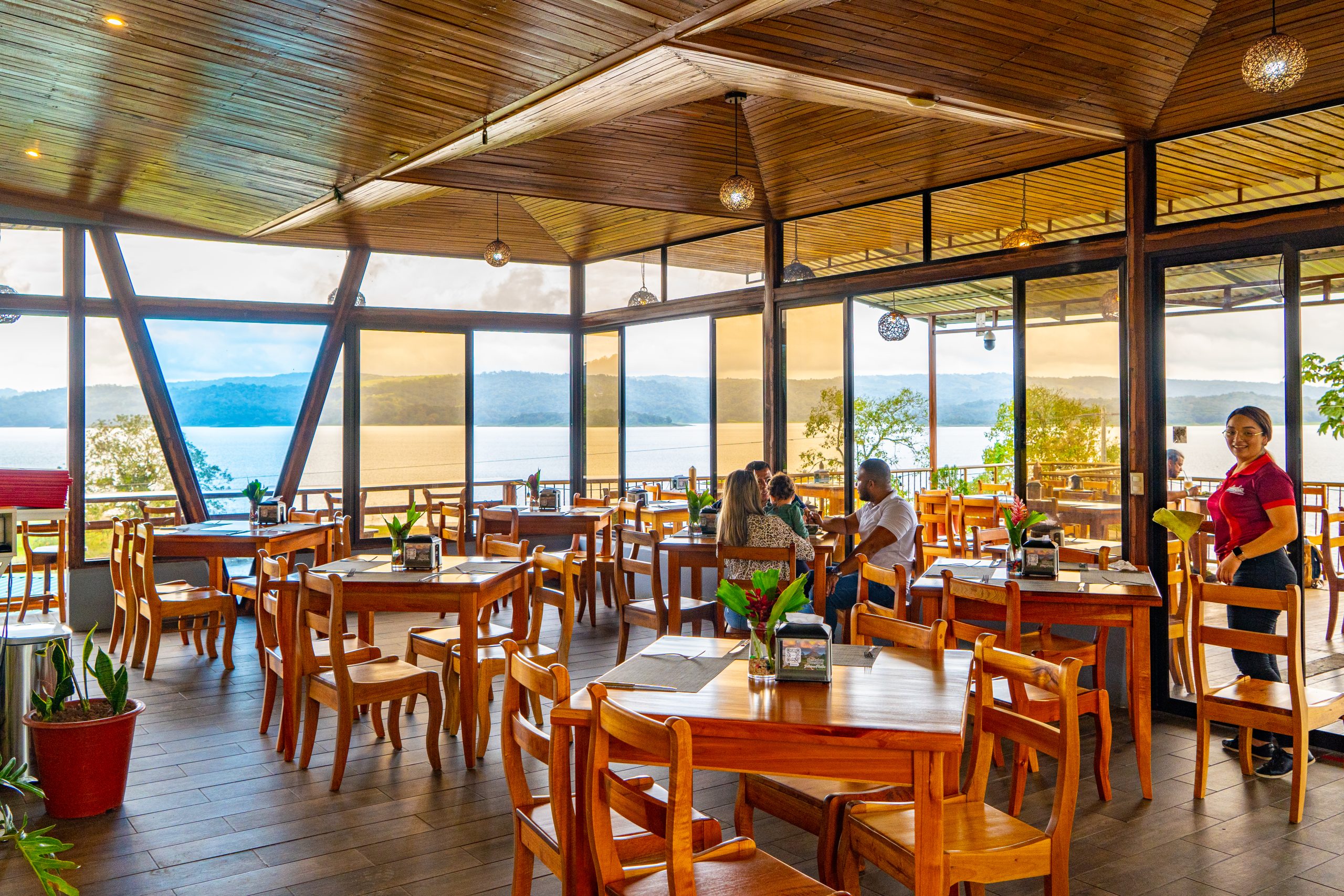 Fusion Arenal restaurant terrace with Arenal Volcano and lake views